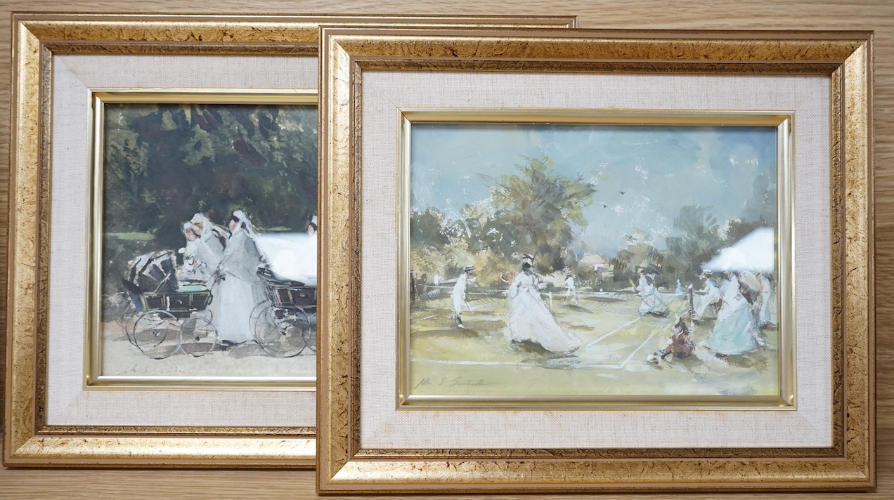 John Strickland Goodall (1909-1996), pair of watercolour and gouaches, ‘Game of tennis’ and ‘Nannies in Kensington Gardens’, each signed, labels verso, 15 x 21cm. Condition - good